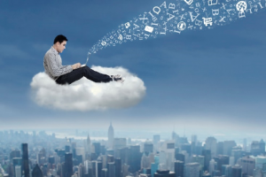 Businessman using Azure to work in the cloud
