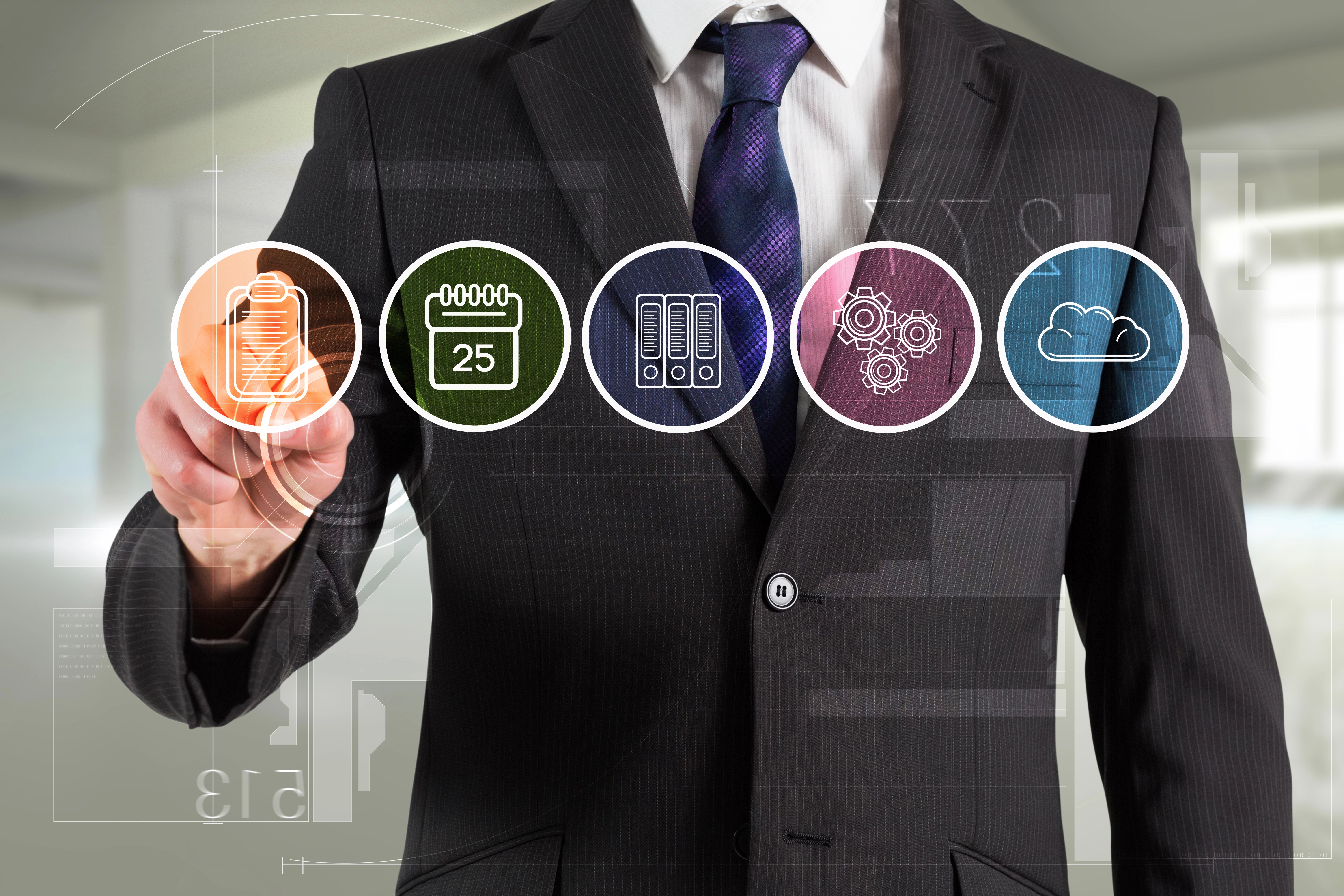 businessman in suit touching clipboard icon